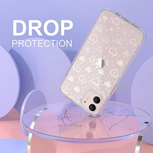 Etui til iPhone 12, iPhone 12 Pro Etui, Klar Glitter Sød Laser Holografisk Kærlighedshjerte Mønster til Kvinder Piger, Anti-Sc