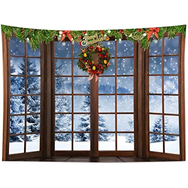 100x150cm Jul- och Vinterväggbonad Snöskog utanför Fönster Väggbonader Väggdekoration Röda Julgranskulor och Julkrans