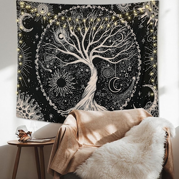 130x150cm Elämänpuu Seinävaate Kuu ja Aurinko Musta Seinälle Ripustettava Seinävaate Psykeedeelinen Tähtikuvioinen Mandala Seinävaate Hippityyliin