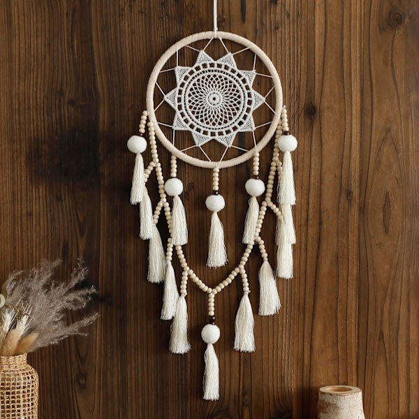 1 pcs  Macrame Dream Catcher Wall Decor with Pom Poms Large White Dreamcatcher Wood Beads Boho Wall Hanging, Handmade Ta