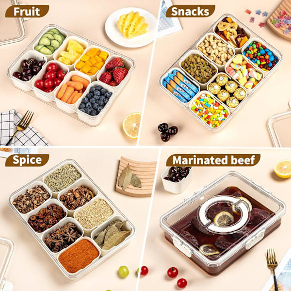 （2-pack）Delad serveringsbricka med lock och handtag, 8 fack, snacksbox, charcuterie-behållare, snacksbox