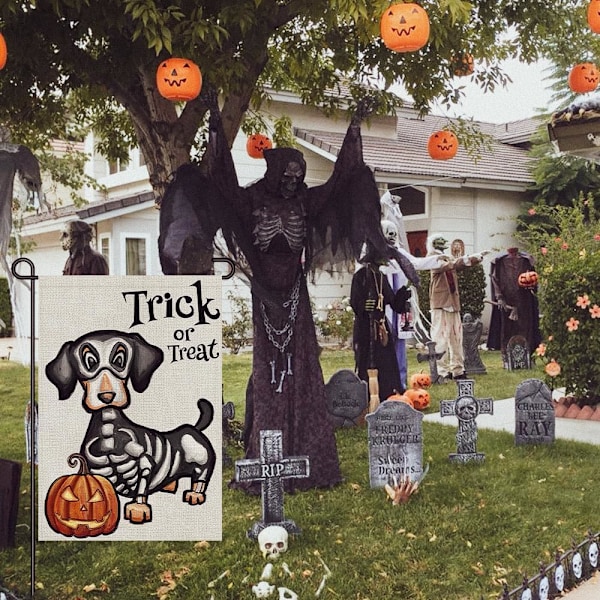 1 stk Halloween Trick or Treat Hageflagg Spøkelseshund 12x18 tommer Liten Dobbeltsidig Burlap Velkommen Hage Dachshund Skele