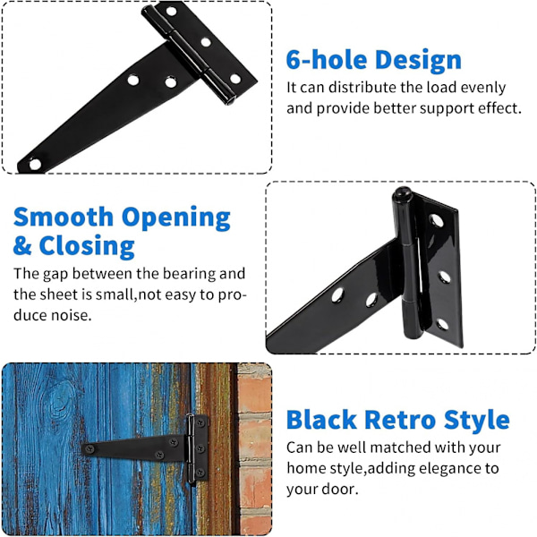4 stk T-hengsel med skruer, kraftige hengsel dør låveporter hengsler svart 4 inch