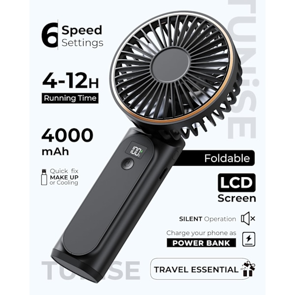 1 Styck Portabel Fläkt, 180° Vikbar Minifläkt, 6 Hastigheter, LCD-Display, Ultra-Tyst, 4000mAh, Fickformat, Lämplig för Inomhus- och Utomhusbruk, med Snodd