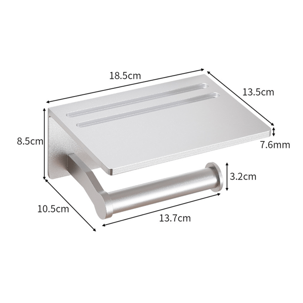 Toiletpapirholder med hylde, rustfrit sølv aluminium til