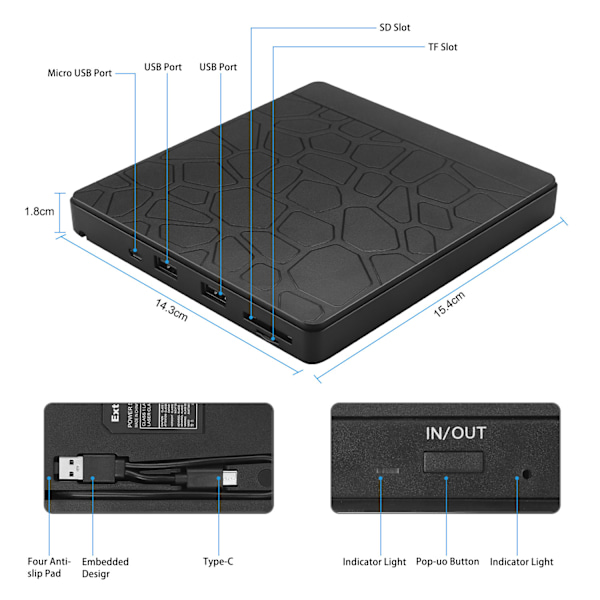 Ulkoinen CD/DVD-asema USB 3.0 USB 2.0/Type-C
