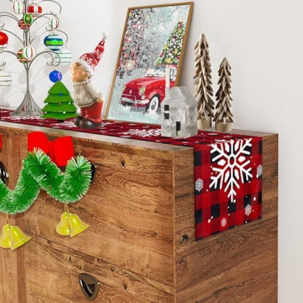 Julebordløber Rød Sort Buffalo Check Plaid Snefnug Bordløber Sæsonmæssig Vinter Jul Juleferie Køkken
