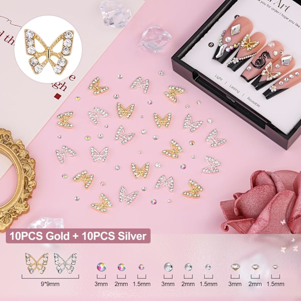 3D Nagelberlocker och Ädelstenar Set 7, 20ST Klumpiga Fjärilsberlocker + 75ST Coquette Nagelrosetter och Hjärtan + 3D Blommor för Naglar