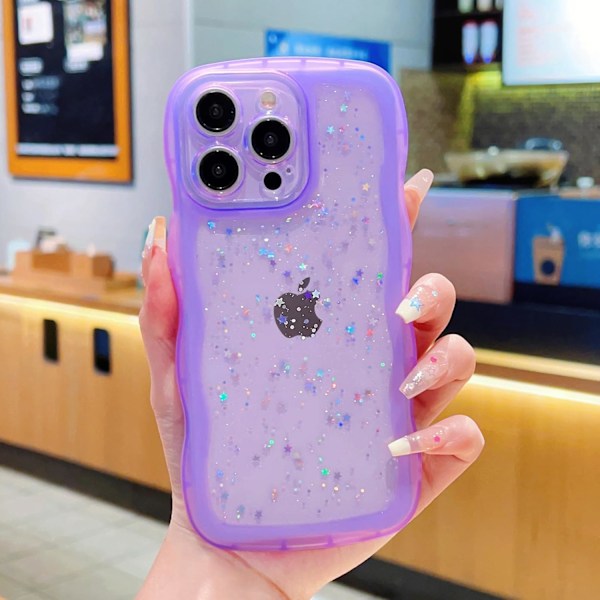 iPhone 16 Pro Max Skal 6,9 tum, Söt Kawaii Lockig Vågig Bling Glitter Stjärna Glansig Transparent Kameralinsskydd