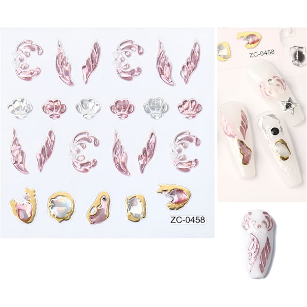 5 ark 5D Bronzing Nail Art Stickers Dekaler, Fishtail Shell Präglade Självhäftande Nagelstickers Ädelsten Blomma Hjärta Sol Guld Metall Design Nagelkonst