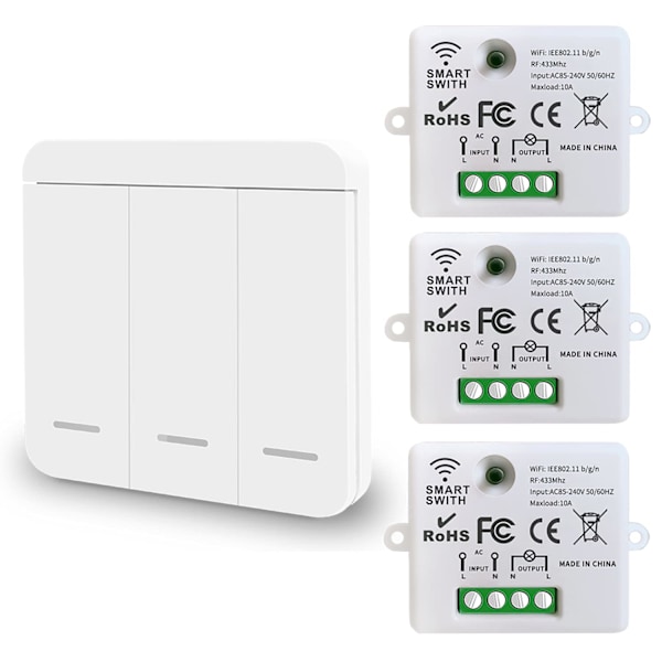 Mini Trådløs WiFi Switch RF Fjernbetjening 2500W 10A 3 Modtagere med 1 Trådløs Vægskifter Smart Kontrol via APP