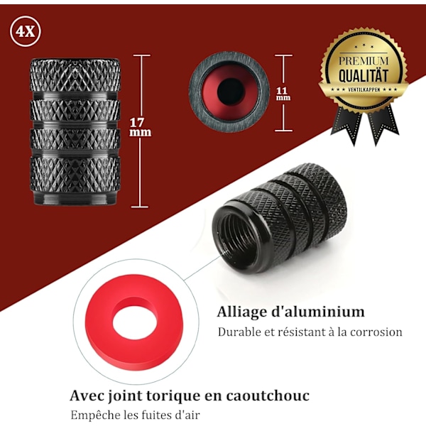 (1.7×1.1×1.1cm) 4 stk. Ventilhætter til bildæk - Aluminium ventilhætter til biler - Ventilhætter til cykler med tætningsring - Universal