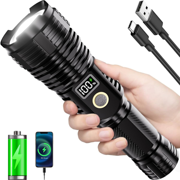 Ficklampor med Hög Lumen, Uppladdningsbara, 990000LM LED Super Ljus Ficklampa, Zoombar Linternas med LCD Digital Display