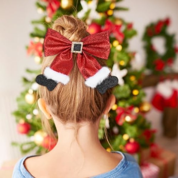 Julebue Hårklips, Stor Glitter Jule Strømpe Hårnål Sød Bling Rød Bue Hårspænde til Jul Fest Festlig