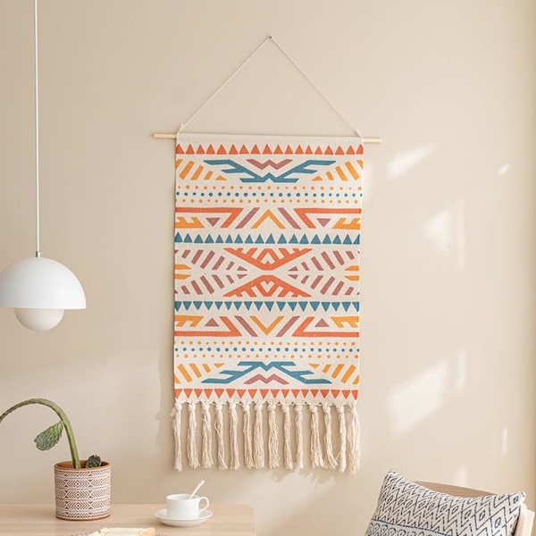 Puuvillainen seinävaate riippuva koriste, 20x34 suuri makramee kudottu boho chic bohemian abstrakti geometrinen painettu seinävaate D