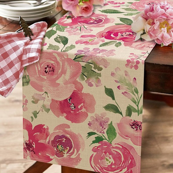 1 st Vår Sommar Akvarell Blomma Bordslöpare, Rosa Pion Blommig Kök Matbord Dekor, Säsongsbetonad Säckväv Hem D