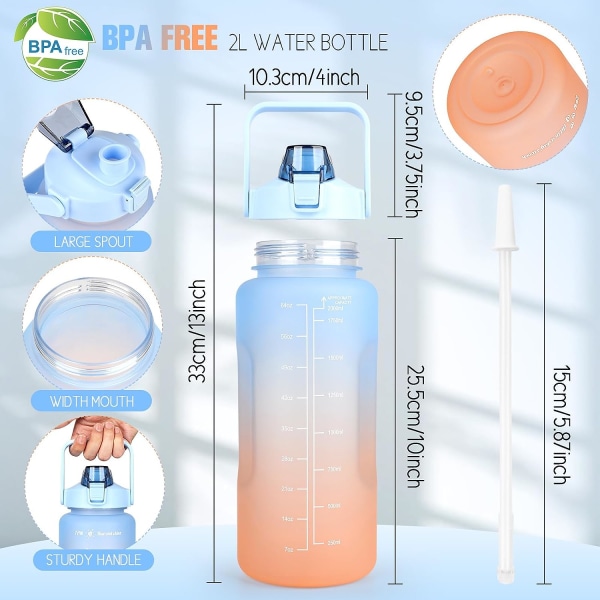 2L BPA-fri motiverande vattenflaska med tidsmarkering och Locki