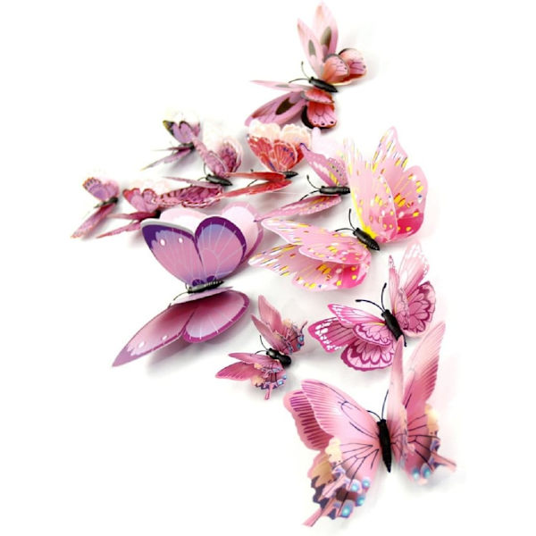 12 stk. 3D Rosa Sommerfugl Veggklistremerker Dekor Kunstdekorasjoner