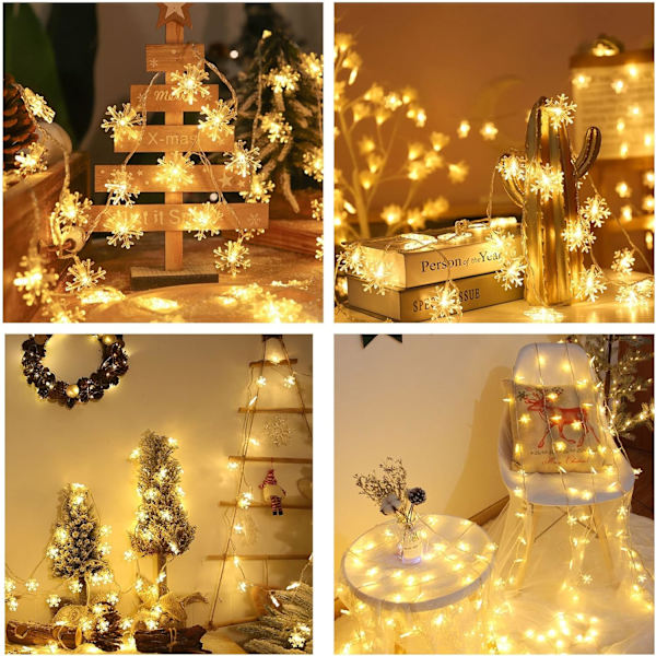 Snöflingeljuskedja, 6M 40 LED Batteridrivna Julgransljus, 2 Lägen Monokrom och Ljusstark Inomhusljuskedja, Ch