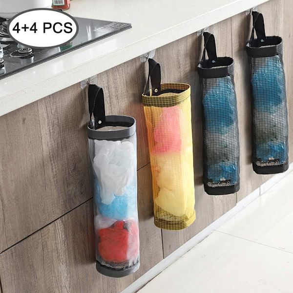 Plastpåshållare, 4 st hushåll hopfällbar andningsbar hängande nät sopor påsar arrangör med 4 P