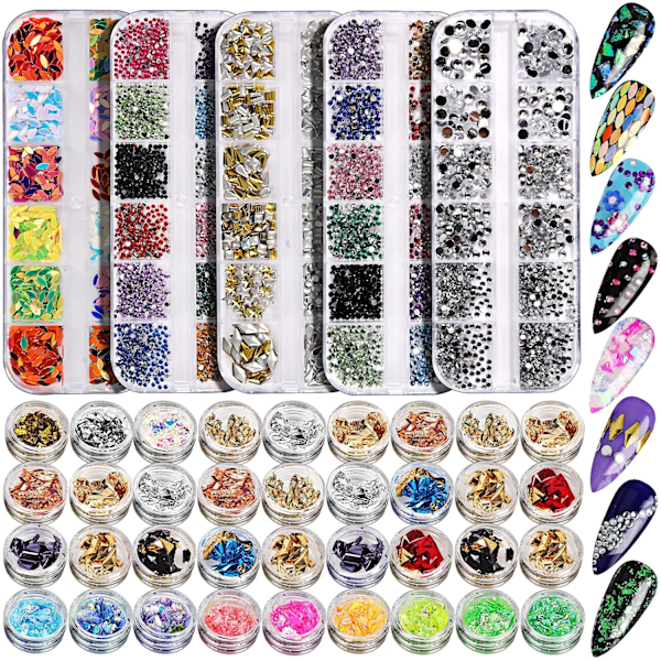 41 Æsker Rhinestones til Negle, Negle Sten 5 Æsker Neglekunst Rhinestones 36 Æsker Negleflager, Negle Sten Sten Negle Design