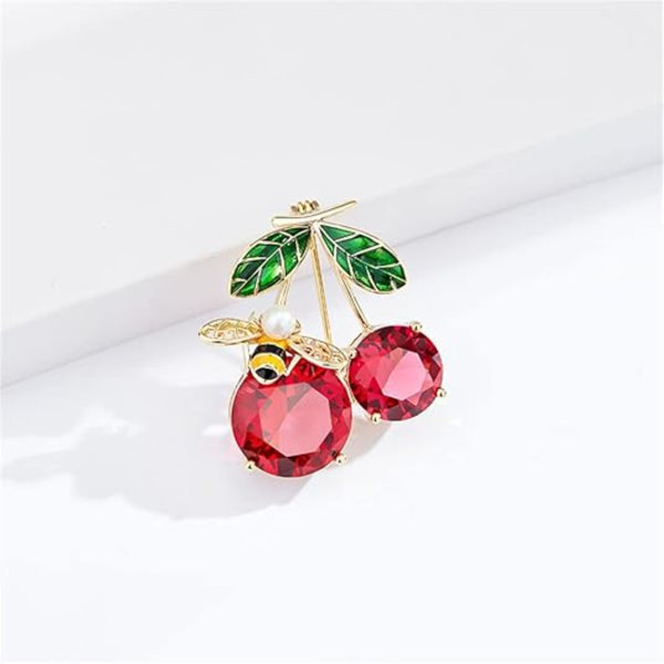 1 st Söt Bi Körsbär Rhinestone Brosch Nål för Kvinnor Flickor Mode Guldton Skal Pärla Röd Emaljerad Djur Frukt Brosch