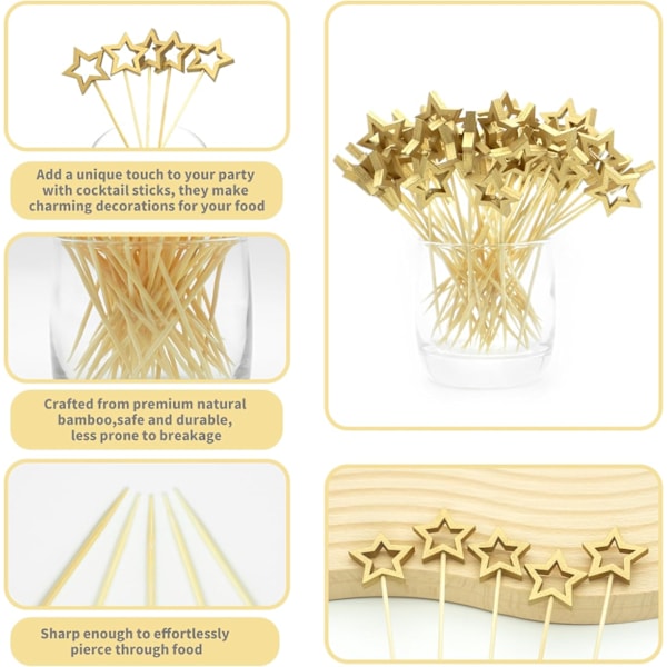 100 kpl Kultaisen Tähden Bambu Cocktailtikkuja, 4,7 tuuman Pituisia Koristeellisia Hammastikkuja Varrastikkuja Alkupaloille, Hedelmille ja Juomille