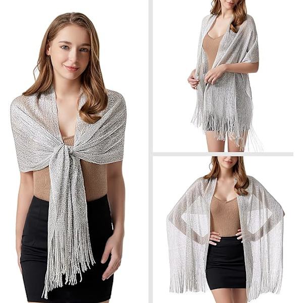 Kvinners Tassel Sjal for Kveld, Fest, Bryllup med Trykknapper Silver