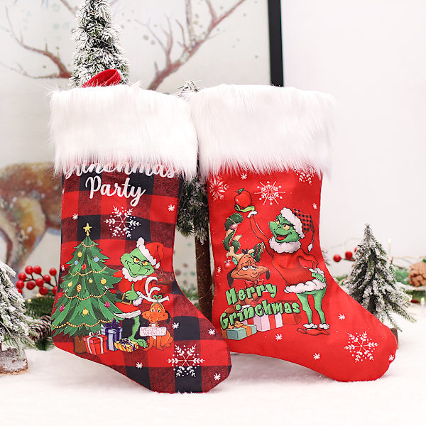 Grinch julstrumpor set om 4, rolig julklappspåse, julspisdekoration för barn,