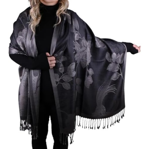 Mjuk Silkeslen Pashmina Vändbar Blommig Ros Sjal Wrap Halsduk med fransar