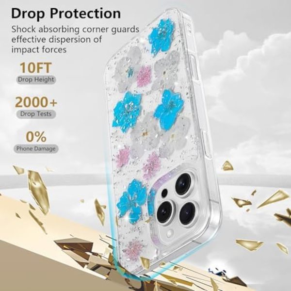 Blommigt Skal för iPhone 16 Pro Max - Transparent Skal med Riktiga Torkade Blommor, Glittrande Söta Blommönster för Kvinnor och Flickor