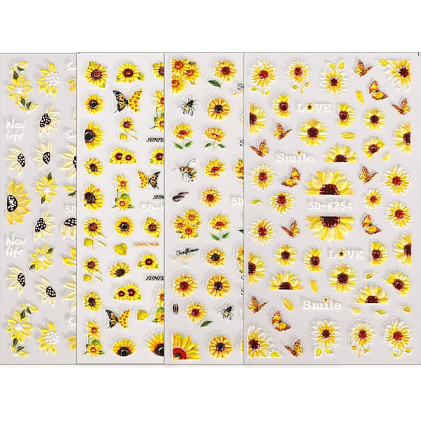 5D Preget Solsikke Neglekunst Klistremerker Selvklebende Blomst Negle Dekaler Gravert Blomster Sommer Negle Klistremerke Akryl Nai