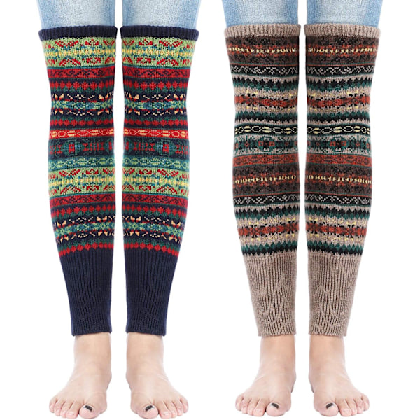 2 Pairs Bohemian Knit Leg Warmers Winter Long Leg Warmers Boot Cuffs Socks for Women