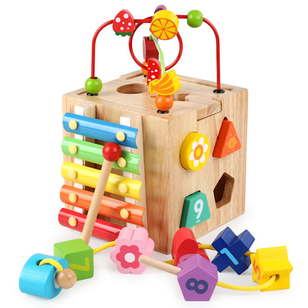 Barns multifunksjonelle polyeder skattekiste vikleperler perler massivt tre Montessori tidlig E