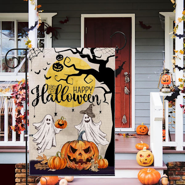 1 kpl Halloween-puutarhalippu 12x18 kaksisivuinen, haamu Onnellinen Halloween -pihalippu, pellava-kyltit pieni Halloween-puutarha