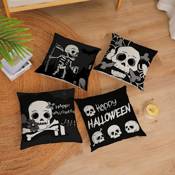 Set med 4 svarta Halloween dekorativa prydnadskuddar Skelett Spöke Kuddfodral 45*45cm