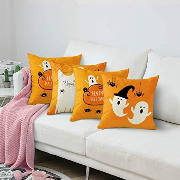 Sett med 4 putetrekk Spøkelsesgresskar Øyeboll Tre Hengende Edderkopper Glad Halloween Sky Oransje Dekor Lin Puter