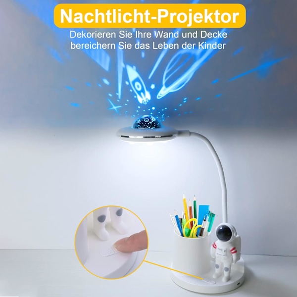 Skrivebordslampe, dimbar trådløs bordlampe, oppladbar skrivebordslampe med projeksjon og pennholder, LED