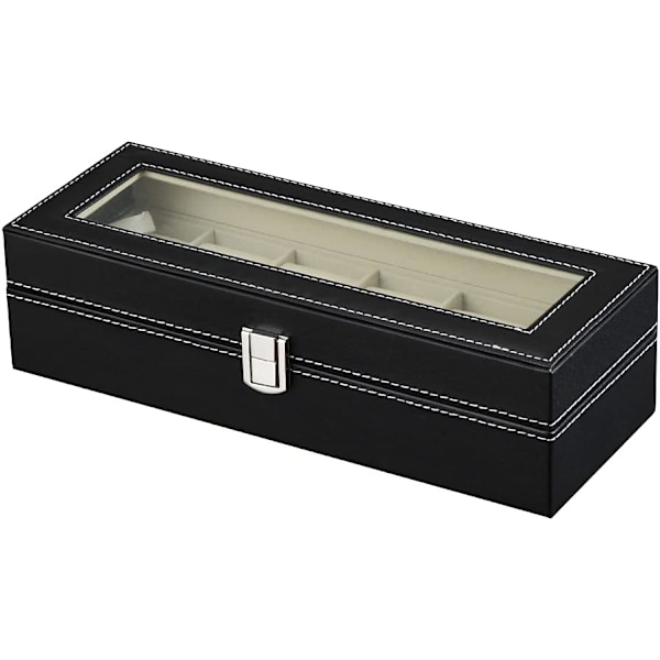 1 stk. Urkasse med 6 rum, Ur-displaykasse til 6 ure, Ur-display med glaslåg, Velourforing, 30 x 11,5 x 8 cm