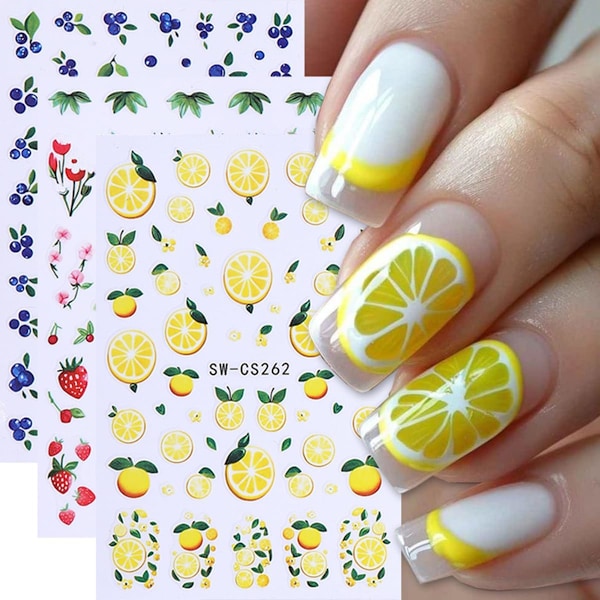 5 Ark Frukt Nagelstickers för Nagelkonst - 3D Självhäftande Nagelkonst Stickers Citron Jordgubbe Blåbärsdesign Blommor Nageldekaler Manikyr Tillbehör