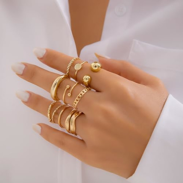 Guld Silver Chunky Stacking Ringar för Kvinnor. Justerbara Öppna Kupol Stackbara Statement Midi Finger Ringar, Snygga Presenter för