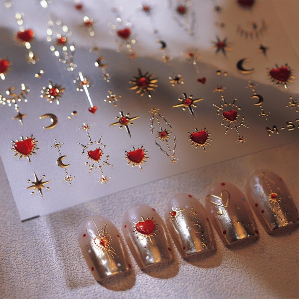 5D Präglade Guldstjärne-Nagelstickers - Röda Hjärta & Måne Nageldekaler för Alla Hjärtans Dag DIY Manikyr