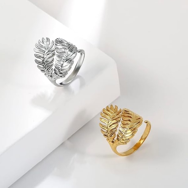 1 Justerbar Bladring i Rustfrit Stål Finger Ring med Bladmønster Åbne Fingerringe til Kvinder Pige