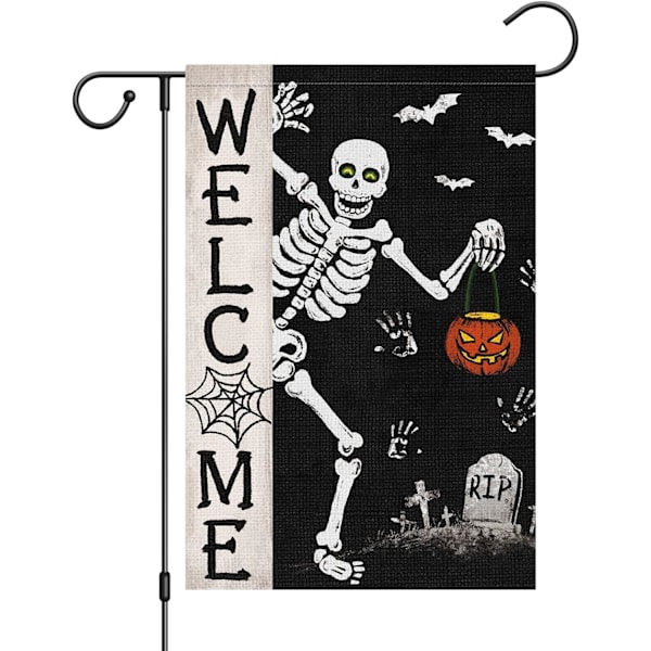 1 st Halloween-flagga med dödskalle för trädgården 12x18 dubbelsidig, säckväv, liten, läskig, välkommen, pumpa, fladdermus, trädgård, hus, fla