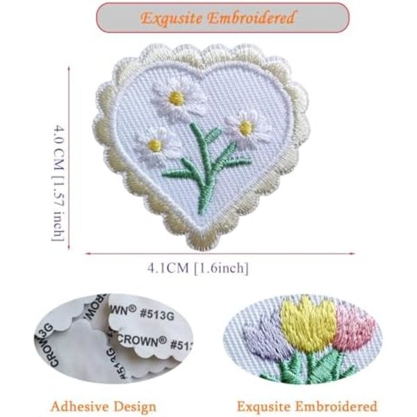 4,1x4cm Stryge-på Lille Hjerte Lap, 5 stk Søde Blomst Rose Daisy Tulip Hjerteformet Stryge-på Lap, Broderet Applikation Rep