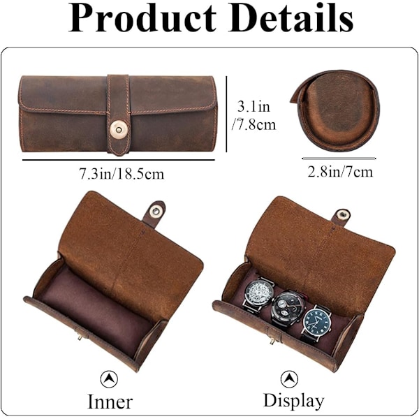 1 st Äkta Läder Klockrulle Resefodral, Klockresefodral för 3 Klockor, Klockbox Organizer för Män, Läder 3-Klockors Rullfodral för Armband