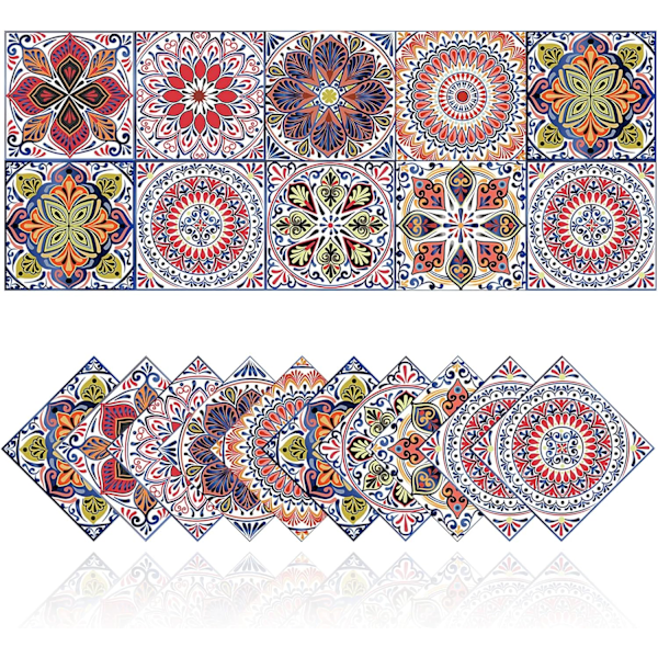 20 kpl 10x10cm Retro Laattatarrat Kylpyhuoneen Keittiön Seinälaattatarrat DIY Vedenpitävä Öljynkestävä PVC Itseliimautuva Koristelu Marokko Tyyli Punainen Böömiläinen S