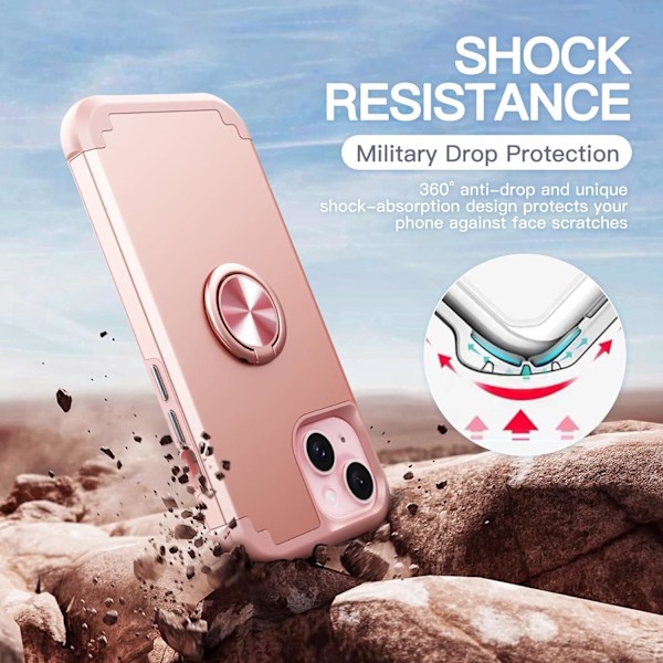 1 kpl iPhone 15 -kotelo 360° renkaalla, 2-in-1 iskunkestävä ultraohut hybridi Heavy D Rose Gold