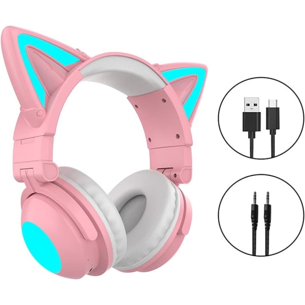 Söta katt trådlösa hörlurar, LED-upplysta spelheadset Bluetooth 5.0-läge Over Ear Lågbrus-huvuden