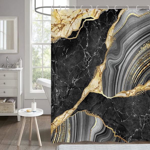 Marmor bruseforhæng 180x180, sort og guld glitter bruseforhæng